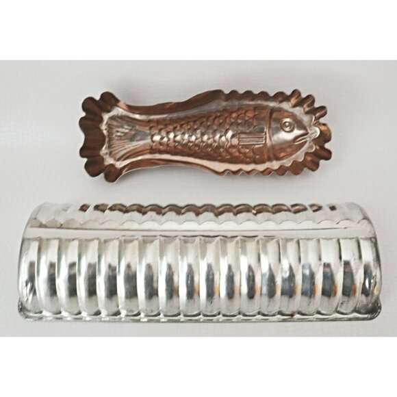 Set Of 5 Vintage Copper-Tone Aluminum Jelly Mold Fish & Cornucopia Designs Assor - Picture 3 of 7